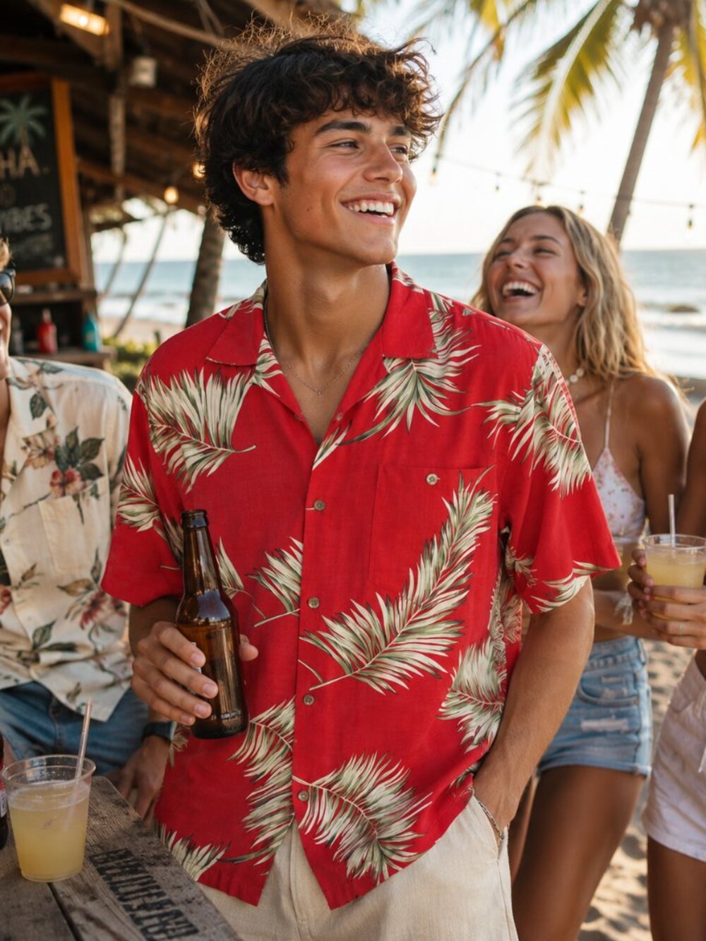 Vintage Y2K Hibiscus Hawaii Rayon Aloha Shirt Red Palm Leaf Camp Collar M